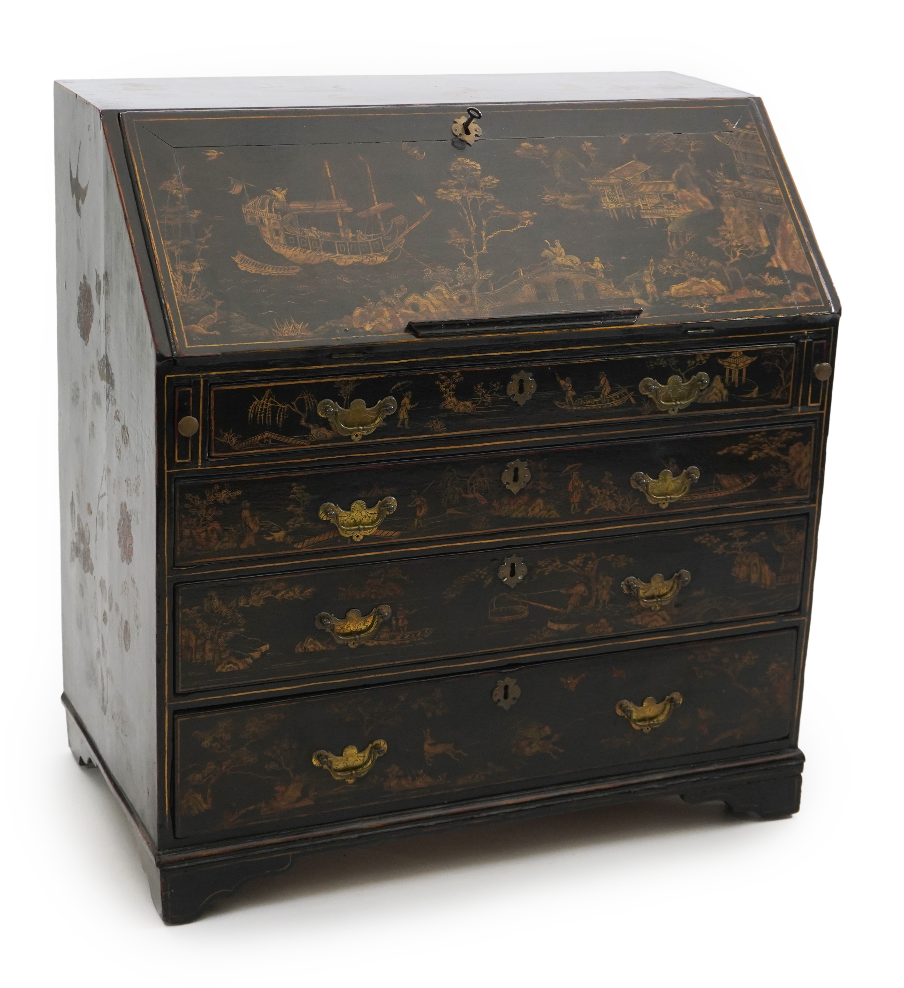 A George II and later japanned oak bureau